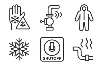 Cryogenic Safety Icons. Line style icons of Cryogenic Hazards and Safety: frostbite warning, pressure relief valve, cryo suit, ice