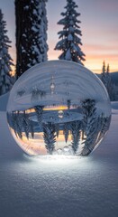 Crystal ball reflects a snowy forest landscape at sunset.