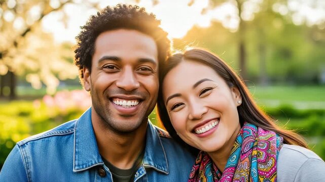 Closeup of a happy couple smiling in a park on a sunny day