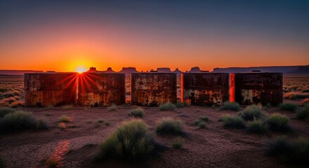 Desert Sunrise Over Abandoned Structures in Remote Landscape.