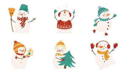 Set of cute Christmas snowmen in hats and scarves. Snow men with gift, Christmas tree, snowballs, and skates. Cheerful winter character. Flat vector illustration isolated on white background.