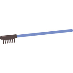 A long thin blue brush with a brown bristled head and dark grey handle on a transparent background isolated studio shot