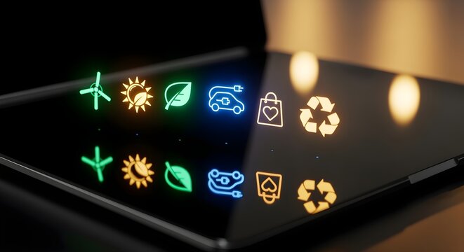 An imaginative reinterpretation of eco-tech icons hovering over sleek black-glass laptop surface, cinematic luxury reflections, designed to feel fresh and visually expressive.