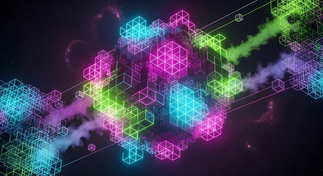 Floating neon cube grid forming a futuristic abstract shape with vaporwave colors.