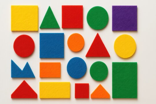 Geometric arrangement of vibrant shapes creates a playful and visually stimulating composition