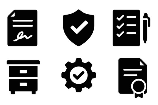 FMT Regulatory Icons. Solid style icons of FMT regulations and consent: signature document, regulatory shield, checklist with pen.