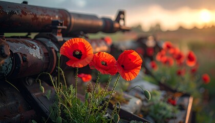 Red poppy in foreground with rifles in background at sunset, symbolizing remembrance, sacrifice, and the contrast between nature and war.