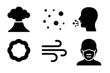 Volcanic Ash Icons. Solid style icons of volcanic dust and ash effects: ash cloud glyph, fine particles icon, breath badge. Dust