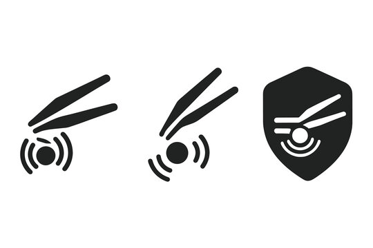 Acoustic Tweezers Icons. Solid style icons of acoustic tweezers: sonic beam with grabbed cell, precision levitation icon, acoustic