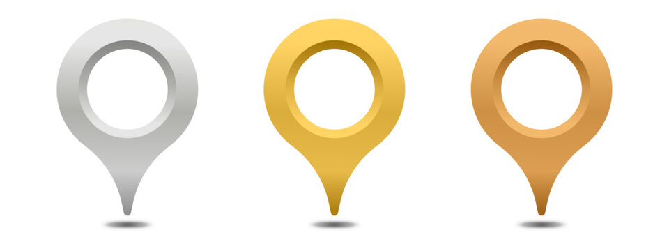 Set of metallic silver, gold, and bronze in gradient map pin icons 