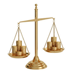 Balanced golden scale symbolizing justice, law, and financial fairness, perfect for legal and business design projects. isolated on white or transparent background.PNG format.