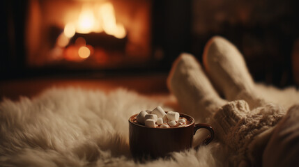 Cozy Feet by Fireplace with Hot Chocolate in Winter