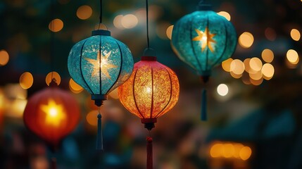 Colorful lanterns glowing at night market