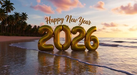 Golden 2026 balloons float on a tropical beach at sunset with happy new year text