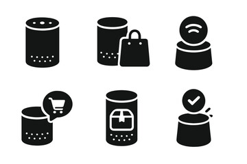 Smart Speaker Icons. Solid style icons of smart speakers in commerce: cylindrical smart speaker, shopping bag next to speaker, AI