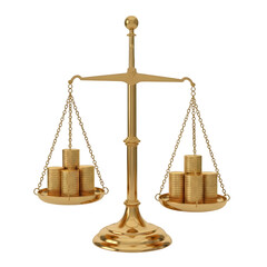 Balanced golden scale symbolizing justice, law, and financial fairness, perfect for legal and business design projects. isolated on white or transparent background.PNG format.