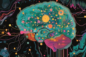 Vibrant digital brain with complex neural connections. AI image