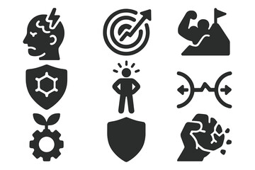 Resilience Icon Set. Solid style icons of resilience building: stress exposure badge, upward growth ring, challenge leads to