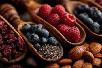 Assortment of fresh berries, nuts, and seeds in wooden spoons and scattered on a dark surface create a vibrant display