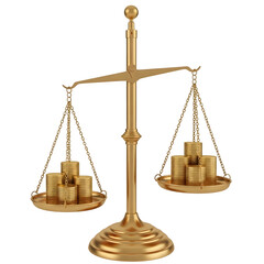 Balanced golden scale symbolizing justice, law, and financial fairness, perfect for legal and business design projects. isolated on white or transparent background.PNG format.