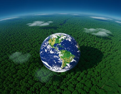 A view of the earth from space, surrounded by dense green forests and a bright blue sky with clouds