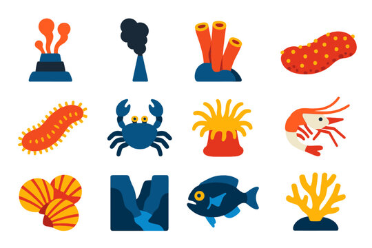 Deep-Sea Ecosystem Icons. Flat vector icons of deep-sea ecosystems: hydrothermal vent, black smoker chimney, tube worm, sea