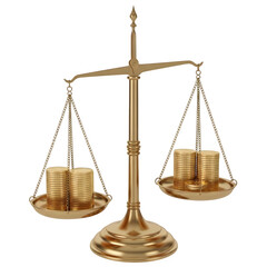 Balanced golden scale symbolizing justice, law, and financial fairness, perfect for legal and business design projects. isolated on white or transparent background.PNG format.
