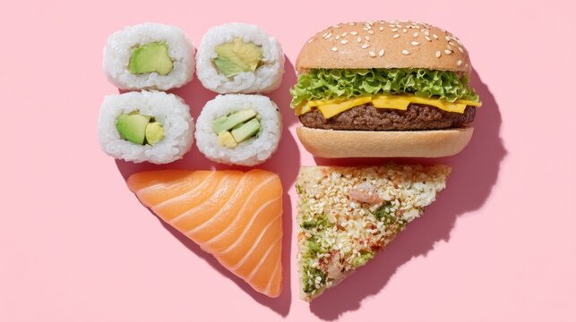 A vibrant food collage showcases various dishes arranged in a heart shape. Sushi rolls, a burger, and a slice of pizza create a playful and artistic display on a pink backdrop, inviting admiration