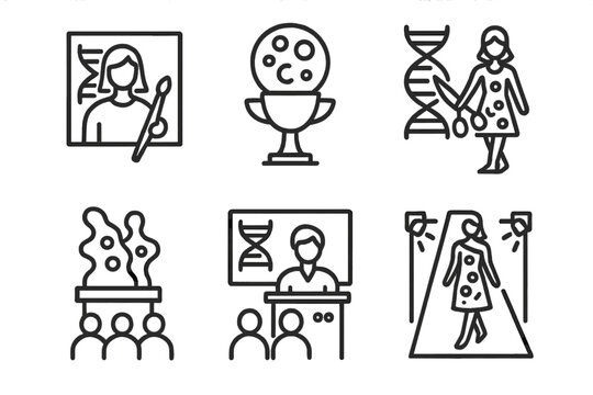 BioArt Icons Collection. Line style icons of BioArt competitions and events: artist with DNA frame, petri dish award, gene editing