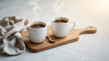 Two Steaming White Coffee Mugs on Minimal Bamboo Serving Board, Warm Morning Beverage Concept for Comfort and Shared Breaktime