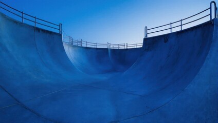 Deep blue curved concrete structure of an empty skatepark.