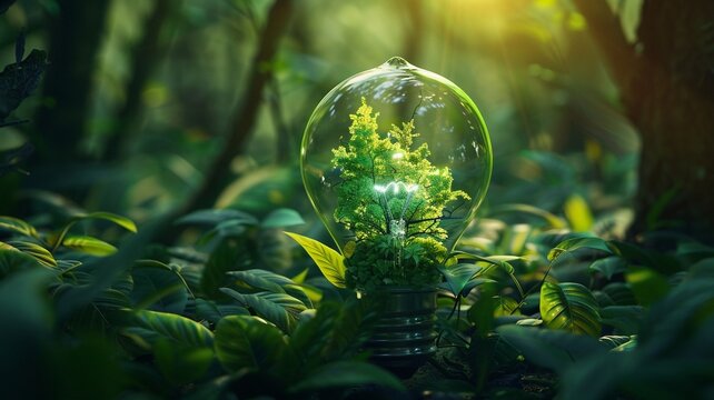 A glowing light bulb in the forest containing a small tree symbolizes green energy, sustainability, and the harmony between nature and innovation. Eco-friendly technology concept.