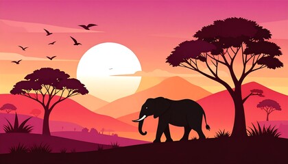Fototapeta premium African Sunset Silhouette - Elephant and Acacia Trees in the Savanna.