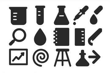 Fototapeta premium Olfactory Chemistry Icons. Solid style icons of laboratory tools in olfactory chemistry: beaker, test tube, flask, pipette,