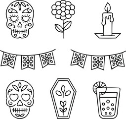 Day of the Dead Outline Icons  Sugar Skull and Celebration Symbols