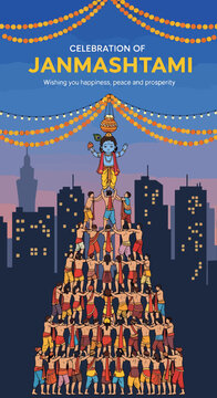Celebration of Janmashtami with Human Pyramid formation and Lord Krishna holding a pot in a city skyline at dusk festive lights