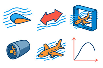 Naklejka premium Aerodynamics Icon Set. Isometric vector illustration set Aerodynamics of Flight: airplane wing lift diagram, drag force arrow,