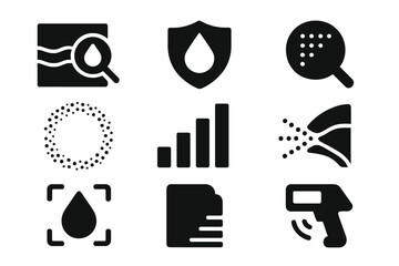 Spray Residue Icons. Solid style icons of spray residue detection: layered paint scan glyph, pigment age icon, forensic droplet