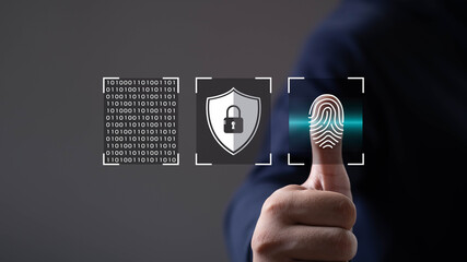 Biometric fingerprint scanning technology for secure digital authentication, identity verification, data protection. Modern cybersecurity system ensuring privacy and safe network access for users.