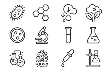 Fototapeta premium Biotech Icons. Line style icons of Environmental Biotechnology: Bacterium, Polymer Chain, Breakdown, Solution to Pollution; Petri
