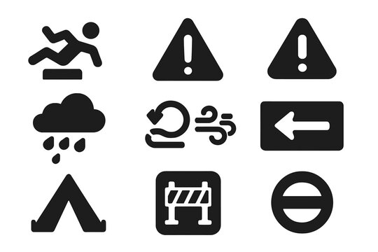 Race Event Icons. Solid style icons of unexpected race events: trip hazard in reverse icon, flipped caution badge, alert zone