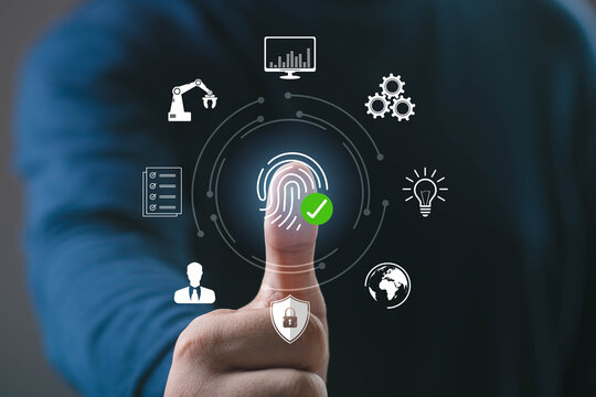 Finger pressing biometric fingerprint scanner with technology icons, representing cybersecurity, digital identity, data protection, and secure access in modern business systems.