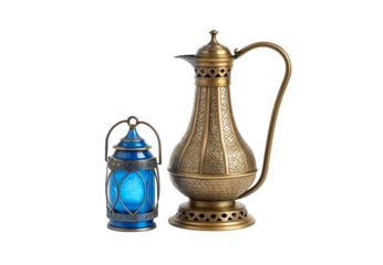 Ornate brass pitcher beside small blue lantern, intricate engraved patterns, Middle Eastern design elements, isolated on a transparent background