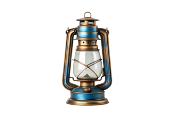 Weathered oil lantern with pale glass chimney, distressed blue and bronze finish, rustic camping style, isolated on a transparent background