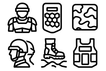 Futuristic Military Armor Icons. Line style icons of Programmable Matter: military adaptive armor, ballistic-responsive shield,