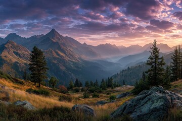Mountain range vista in the Alps at dusk with colorful clouds and low lying fog filling the valleys casting long shadows across the slopes