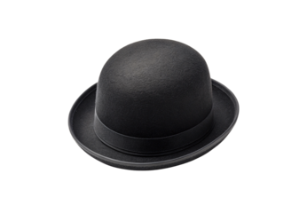 Traditional black bowler hat with satin ribbon, curved brim, elegant Victorian gentleman's accessory, formal headwear, isolated on a transparent background
