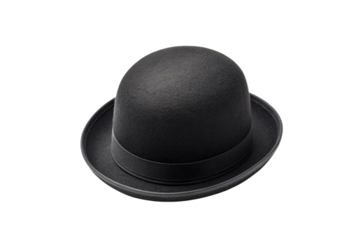 Traditional black bowler hat with satin ribbon, curved brim, elegant Victorian gentleman's accessory, formal headwear, isolated on a transparent background