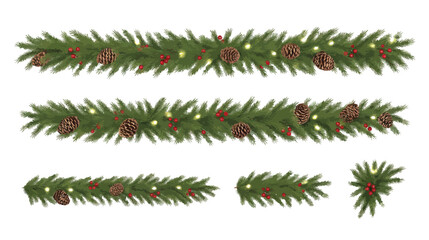 Christmas garlands and fir branches with pine cones, holly berries, ribbons, and glowing lights — perfect for holiday banners, greeting cards, posters, and festive decorations on transparent backgroun