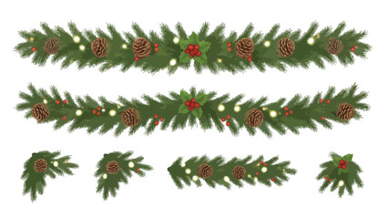 Festive Christmas garland border with fir branches, lights, and holly — suitable for greeting cards, holiday banners, poster templates, and transparent background vector designs.